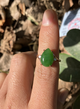 和田玉碧玉戒指阳绿水滴玉器介子925银托女生珠宝首饰德信玉器