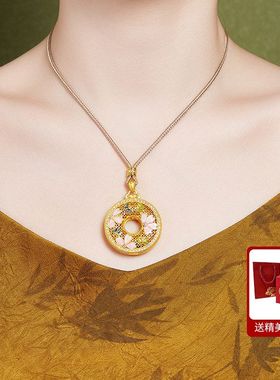 古法传承999足金包银项链蝴蝶花园平安扣吊坠女新中式国潮毛衣链