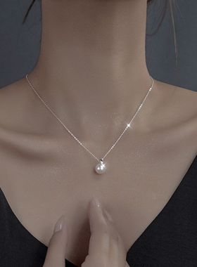 S925纯银仿珍珠项链女ins简约小众高级感设计气质锁骨链礼物吊坠