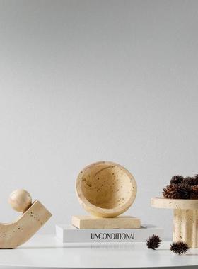 现代简约侘寂风黄洞石大理石几何创意装饰样板间客厅书房层叠摆件