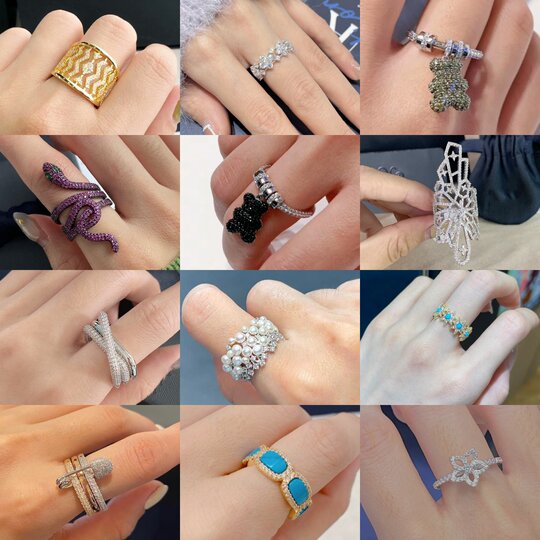 Pavé black and white double-sided bear ring, versatile arrow-shaped index finger ring, golden snake ring, full diamond palm jewelry for women