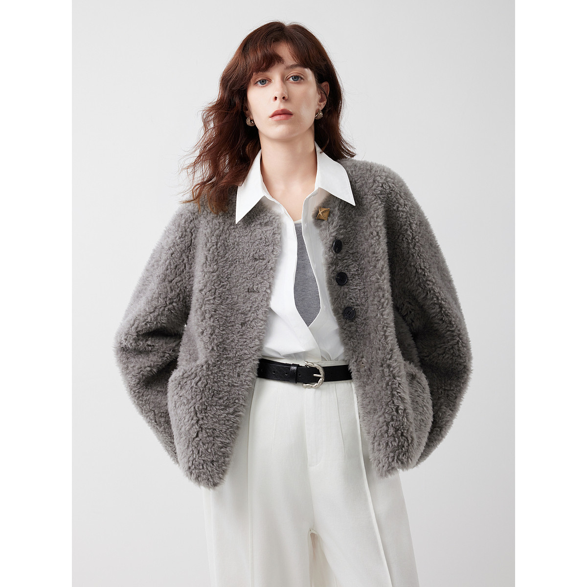 【100%绵羊毛】ELLE法式灰色毛绒短外套女2025冬通勤羊羔毛外套,淘宝优惠券,粉丝福利购,淘宝优惠卷