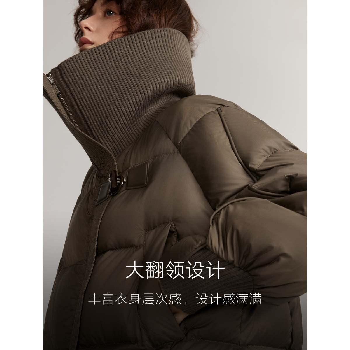 ELLE90鹅绒深棕色大翻领鹅绒服女2025冬季新款小个子短款羽绒外套 - 图2