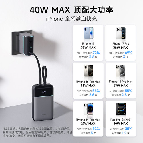 【充电宝3C认证可上飞机】酷态科CP24电能块自带lightning线MFi认证移动电源2W毫安时PD快充适用于小米苹果17 - 图1