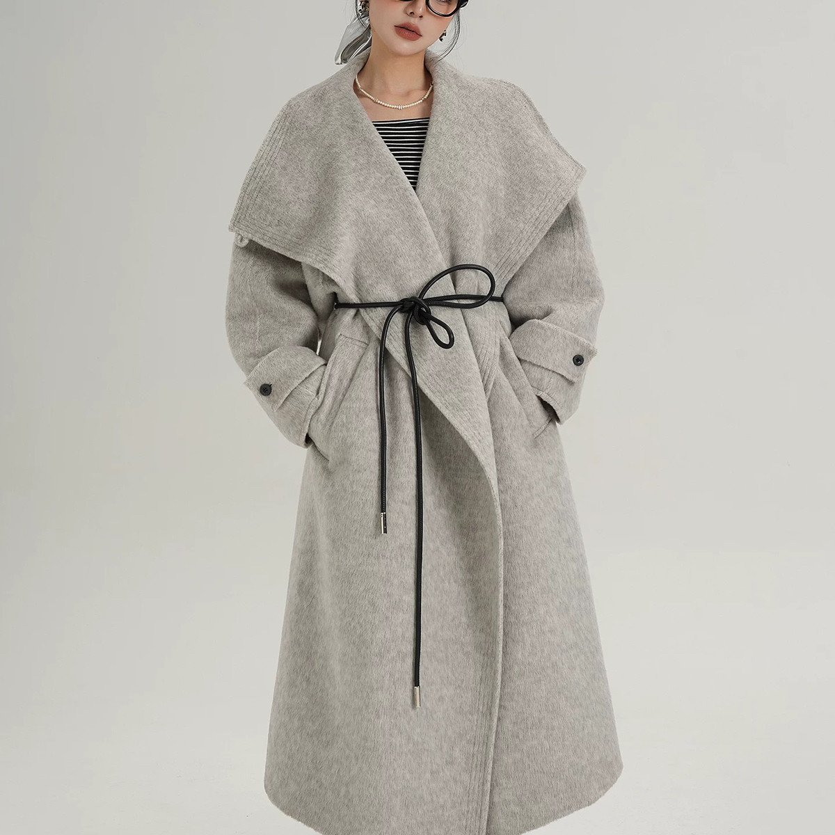 馨菲风立领宽松长款羊毛外套(配腰绳)（含100羊毛）M290,淘宝优惠券,粉丝福利购,淘宝优惠卷