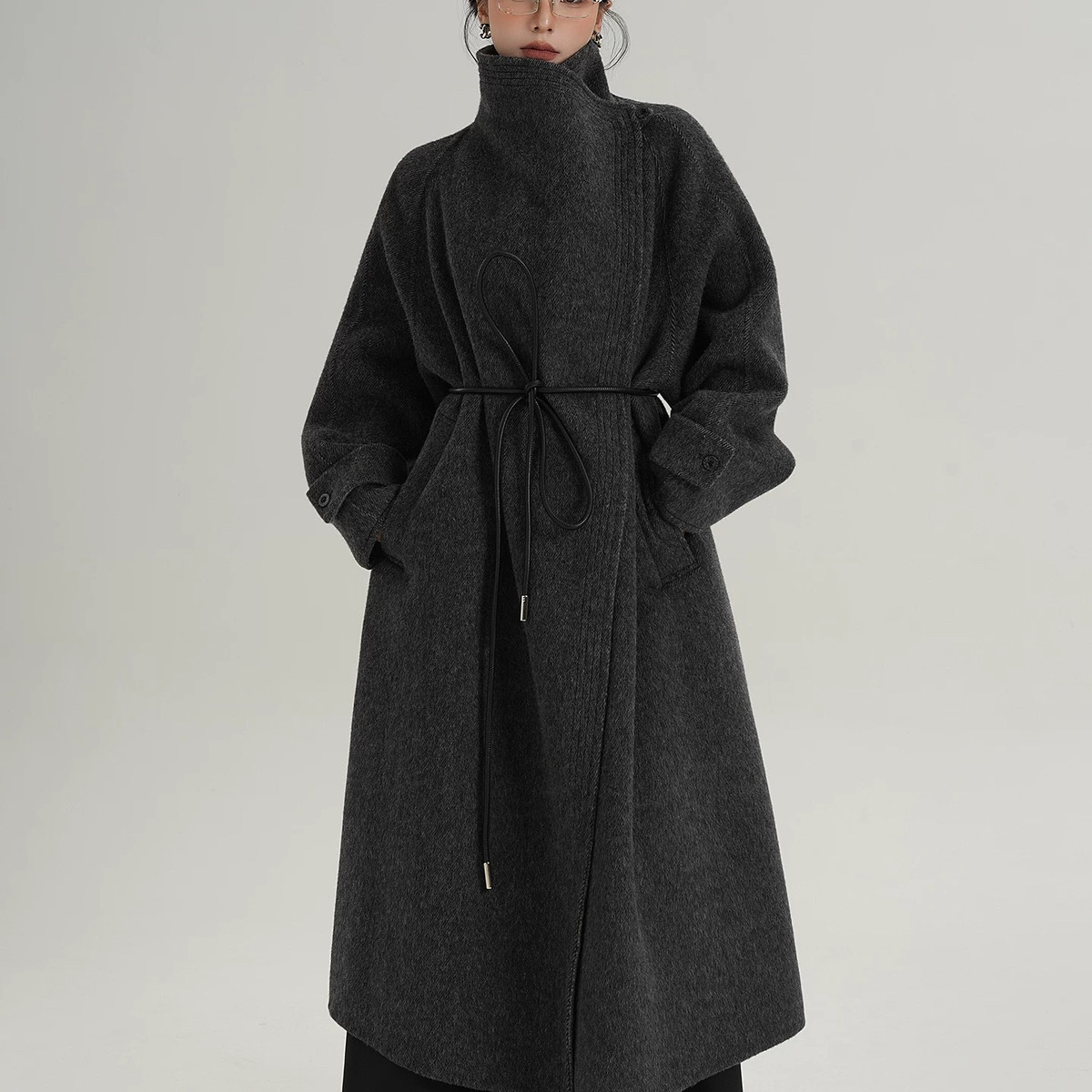 馨菲风立领宽松长款羊毛外套(配腰绳)（含100羊毛）M290,淘宝优惠券,粉丝福利购,淘宝优惠卷