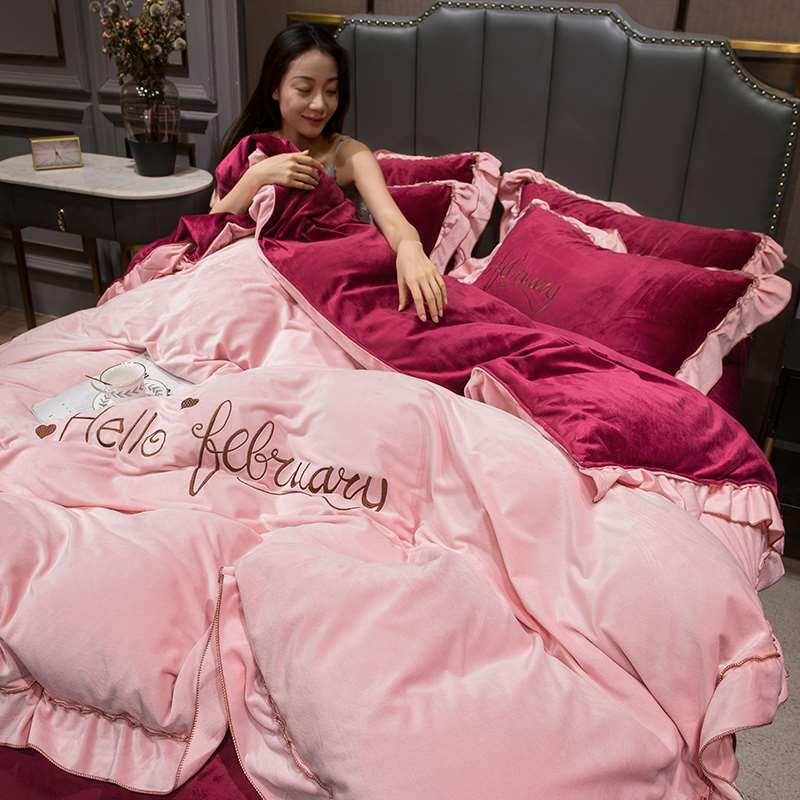 正品韩式公主风加厚保暖水晶绒四件套牛奶绒珊瑚绒双面加绒床单床 - 图1