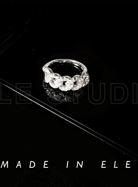 ELE饿了 满钻古巴爆闪半链条缠绕开口戒设计镀18k金锆石个性男女