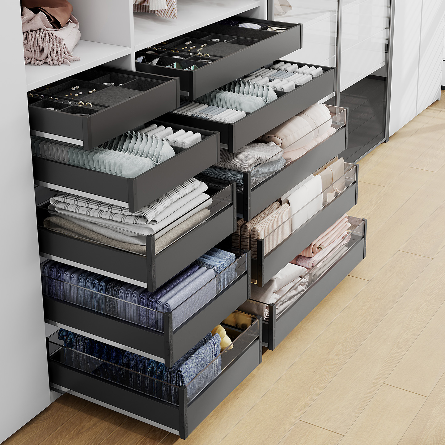 丽索多层衣柜拉篮皮革饰品盒内衣收纳拉篮抽屉式玻璃储物篮53特深 - 图0