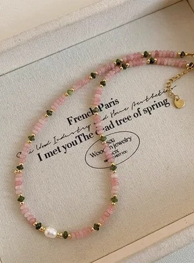 气质天然石珍珠天然石女项链西瓜红网红多巴胺绿色锁骨链混色淡水