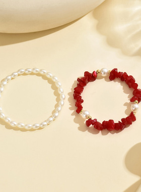 欧美跨境新品 时尚仿珍珠不规则红色天然碎石拼接仿珍珠串珠手链