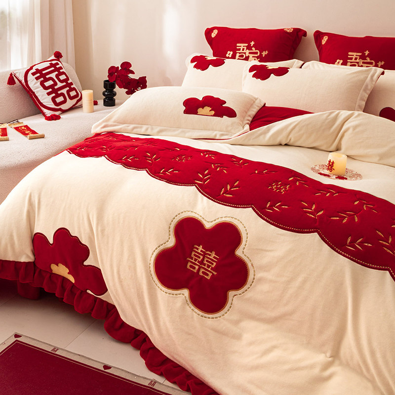 红色牛奶绒新婚四件套婚庆结婚双面绒被套冬季珊瑚绒床单喜被陪嫁