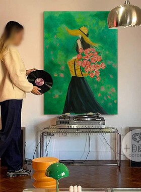 小众文艺少女花卉装饰画中古风客厅落地画挂画高级感绿色人物壁画