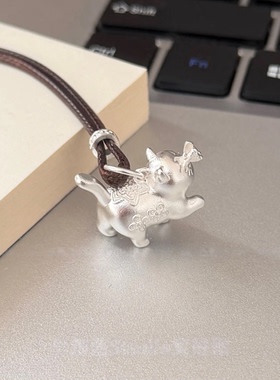 猫戏蝶·足银999.9实心可爱小猫纯银吊坠新中式国风银项链毛衣链