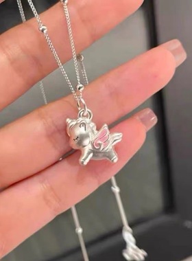 足银999独角兽可爱卡通吊坠纯银项链生肖马锁骨链送女友生日礼物