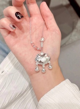 足银999hellokitty平安锁纯银长命锁成人儿童可戴爱心编织项链