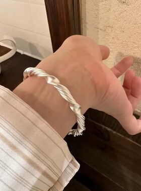 足银999国潮古法扭纹麻花银手镯开口实心轻奢百搭高级感送女友