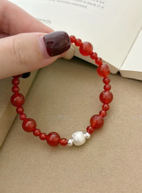 足银999 红玛瑙猫眼珠转运珠手链女本命年手串简约新年手绳送女友