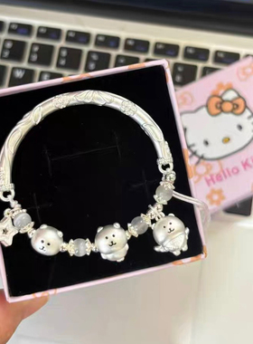 足银999自嘲熊手镯手链子超兄纯银手链呆萌可爱可调节送女友