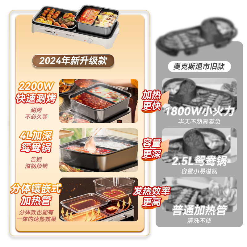 奥克斯鸳鸯火锅家用分体式多功能料理锅煎烤涮电锅火锅烤肉一体锅