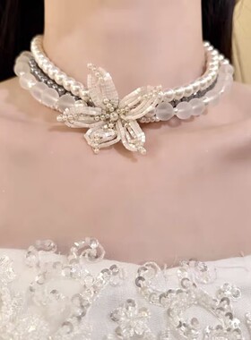 重工手作水晶花珍珠多层锁骨链