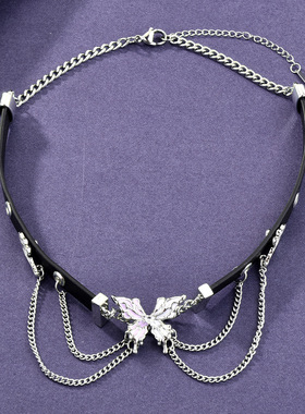 轻奢蝴蝶流苏镶钻皮质金属链颈圈