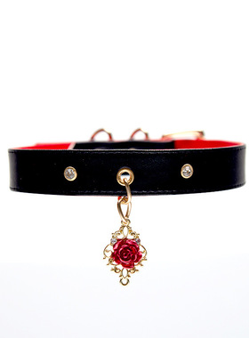 复古皮质玫瑰黑红底choker项圈