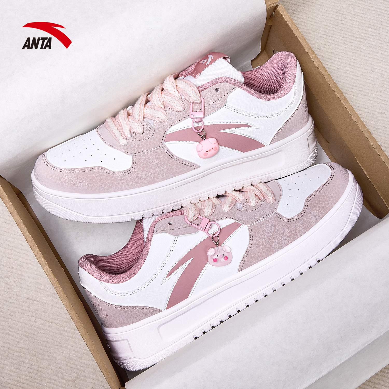 安踏轻松板鞋女鞋小白鞋春季新款正品学生粉色鞋子厚底增高运动鞋,淘宝优惠券,粉丝福利购,淘宝优惠卷