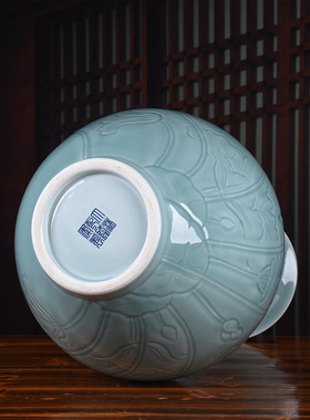 高端仿古瓷器手工雕刻荷花花瓶落地摆件家居客厅工艺品装饰收藏