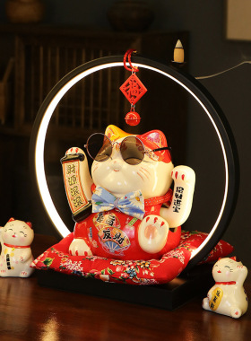 招财猫灯圈摆件电动摇手收银台开业店铺家居客厅陶瓷摆件创意礼品