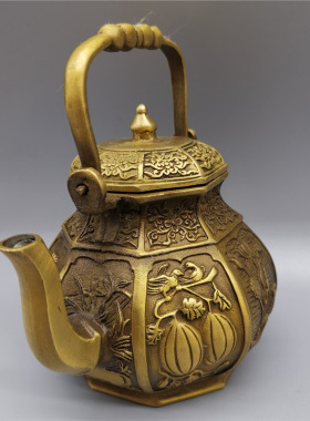仿古黄铜壶摆件 八宝水壶茶壶装饰工艺礼品古玩收藏杂项铜器