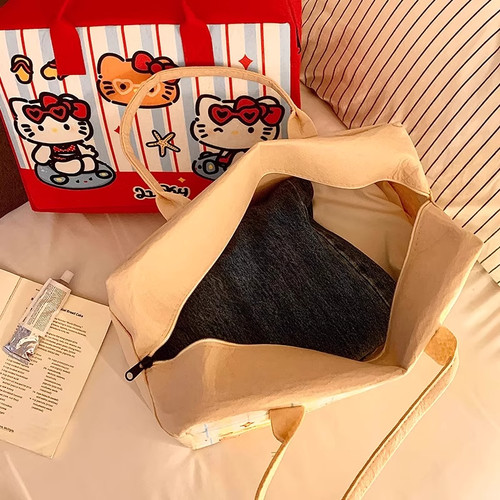 卡通kt旅游收纳大容量手提袋旅行李包带拉链轻便可套拉杆箱毛毡包 - 图1