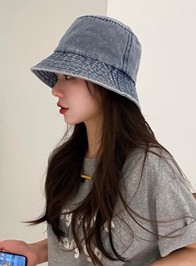 网红牛仔渔夫帽女春季防晒遮阳帽休闲百搭盆帽小边水桶帽子高级感