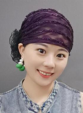 夏季款包头帽遮白发2024新款时尚薄款蕾丝碎发盘发神器头巾帽子女