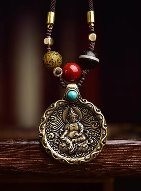 藏传老天铁黄财神吊坠手工编织绳项链男女款可调节挂脖毛衣链饰品