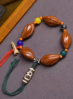 天然橄榄核手串精工雕刻扭转乾坤藏式文玩佛珠玛瑙天珠琉璃配饰