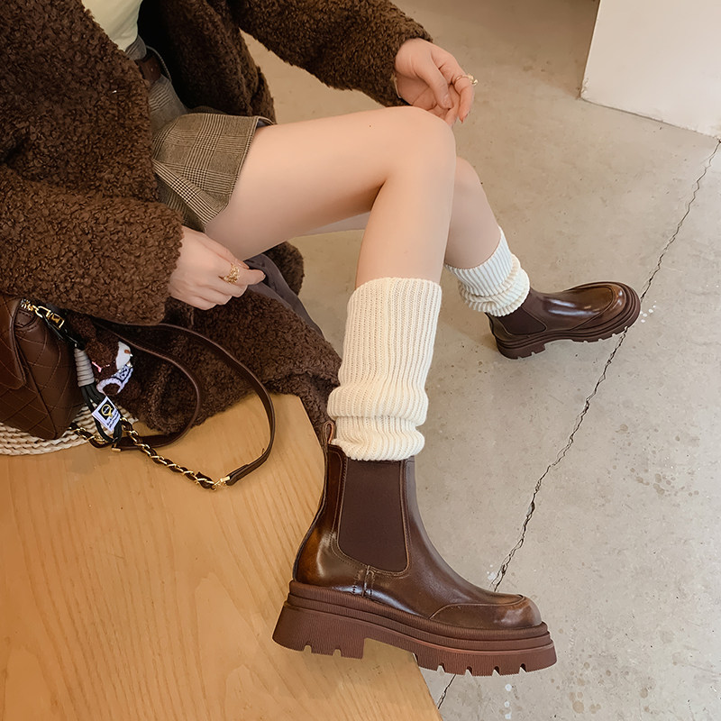 真皮厚底切尔西靴女冬季短筒粗跟烟筒靴子女款松糕底短靴复古女靴,淘宝优惠券,粉丝福利购,淘宝优惠卷