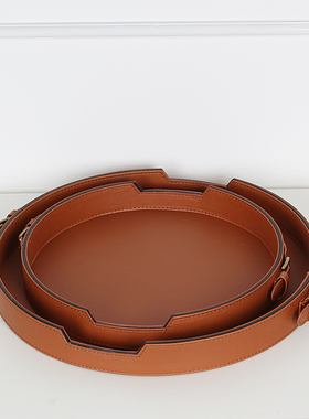 速发欧式圆形金属托盘皮革奢板客厅茶几美式样件房间摆华简约玄关