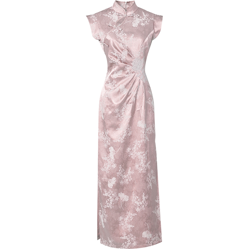 2025夏季新款新中式立领飞肩收腰C字褶皱收腰人丝提花旗袍连衣裙 - 图3