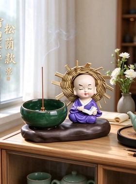 开业送礼暖心系草帽禅意小和尚摆件送客户与世无争一念清净工艺品