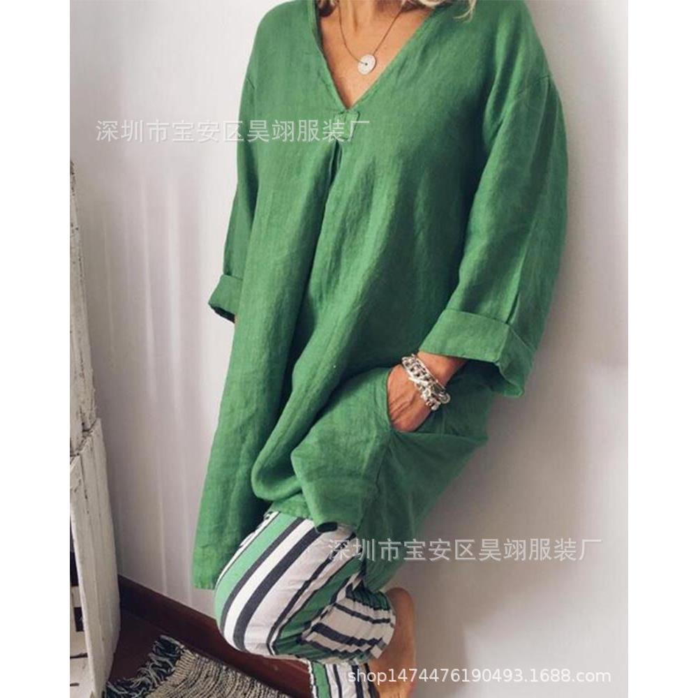 Womens medium-length shirt T-shirt V-neck top striped - 图2