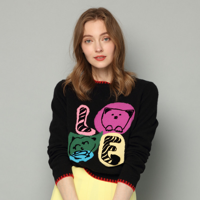 创意牙刷嵌花！圆领加厚山羊绒衫女纯羊绒毛衣宽松显瘦套头毛衣厚,淘宝优惠券,粉丝福利购,淘宝优惠卷