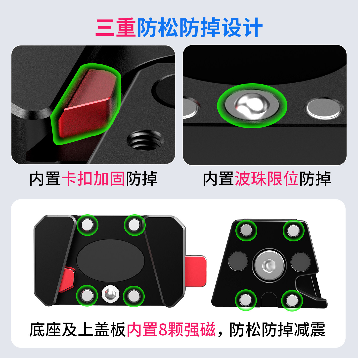 Camera riding triple anti-loosening and anti-falling quick-release quick-assembly mount