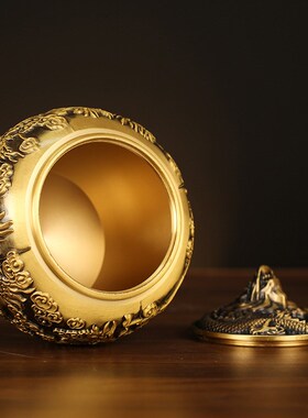 纯黄铜九龙茶叶罐纯铜龙凤百福带盖茶罐家用客厅大号密封罐储存罐