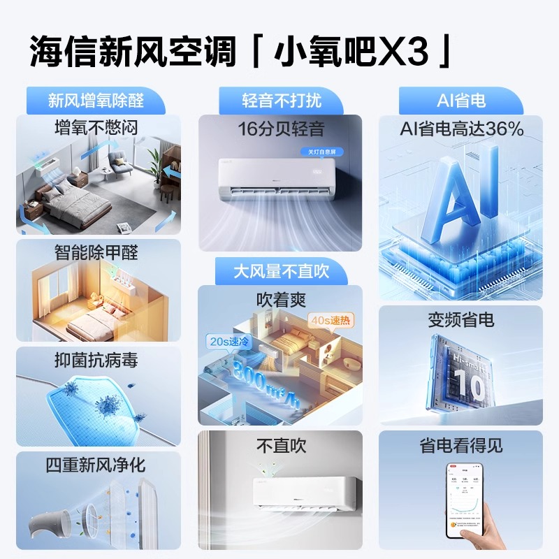 0元安装海信新风空调套装组合一室一厅立式挂式官方旗舰小氧吧X3