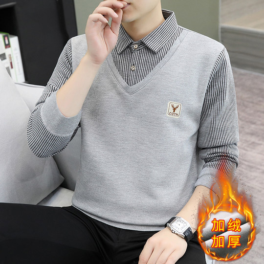 Fake two piece sweater for men autumn and winter fleece knitted sweater