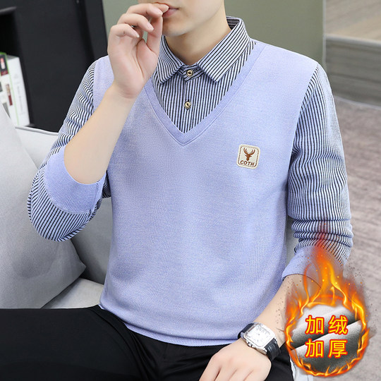 Fake two piece sweater for men autumn and winter fleece knitted sweater