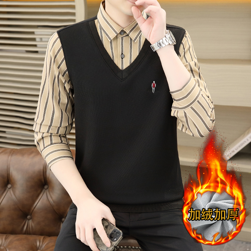 一体绒假两件毛衣男士冬季2024新款潮流加厚保暖衬衫领打底衫上衣 - 图3