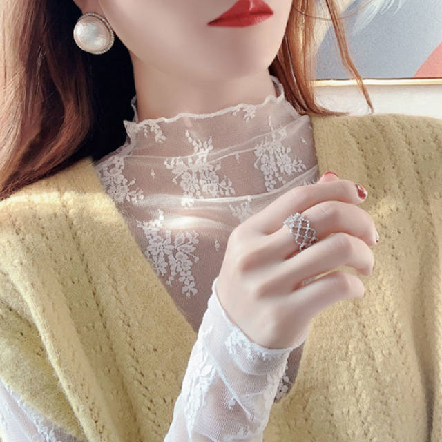 Lace chiffon shirt, fashionable stand collar mesh top