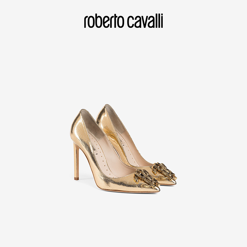 RC女士单鞋 2023秋冬新品金属镜面蛇形图案高跟鞋Roberto Cavalli